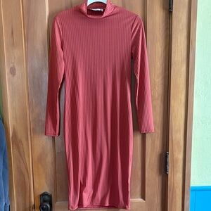 Ribbed Long-Sleeve Midi Dress in Rust